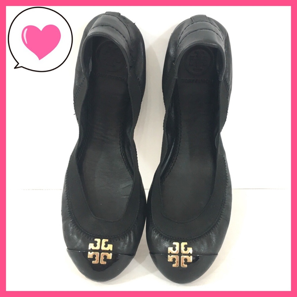 Tory Burch Chelsea black gold patent flats 6 1/2